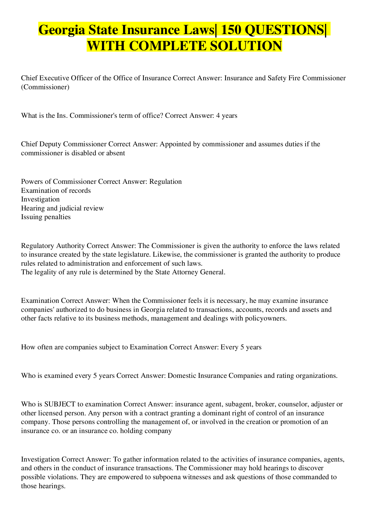 State Insurance Laws 150 QUESTIONS WITH COMPLETE SOLUTION